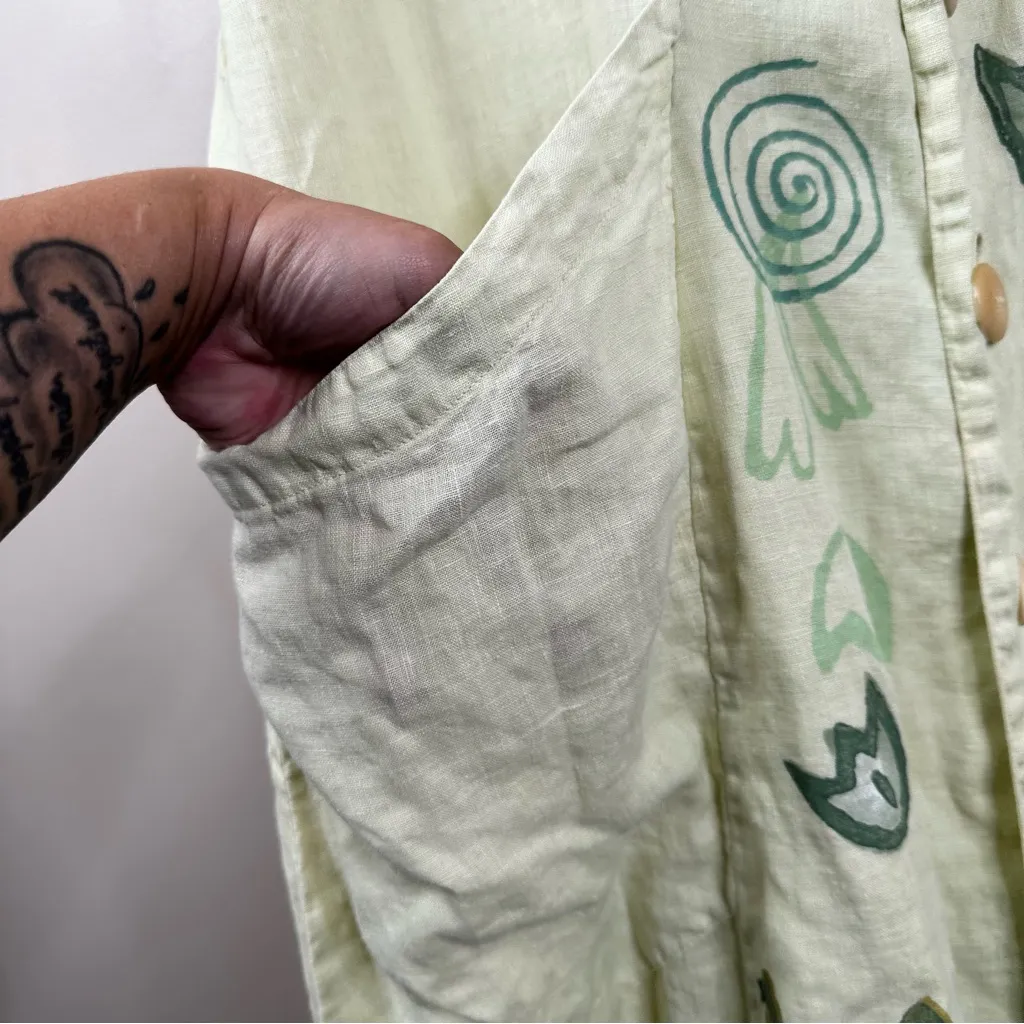 Blue Fish Vintage Midi Dress Womens Size 1 Yellow Linen Hand Painted Artsy 1999 Size L - Image 4