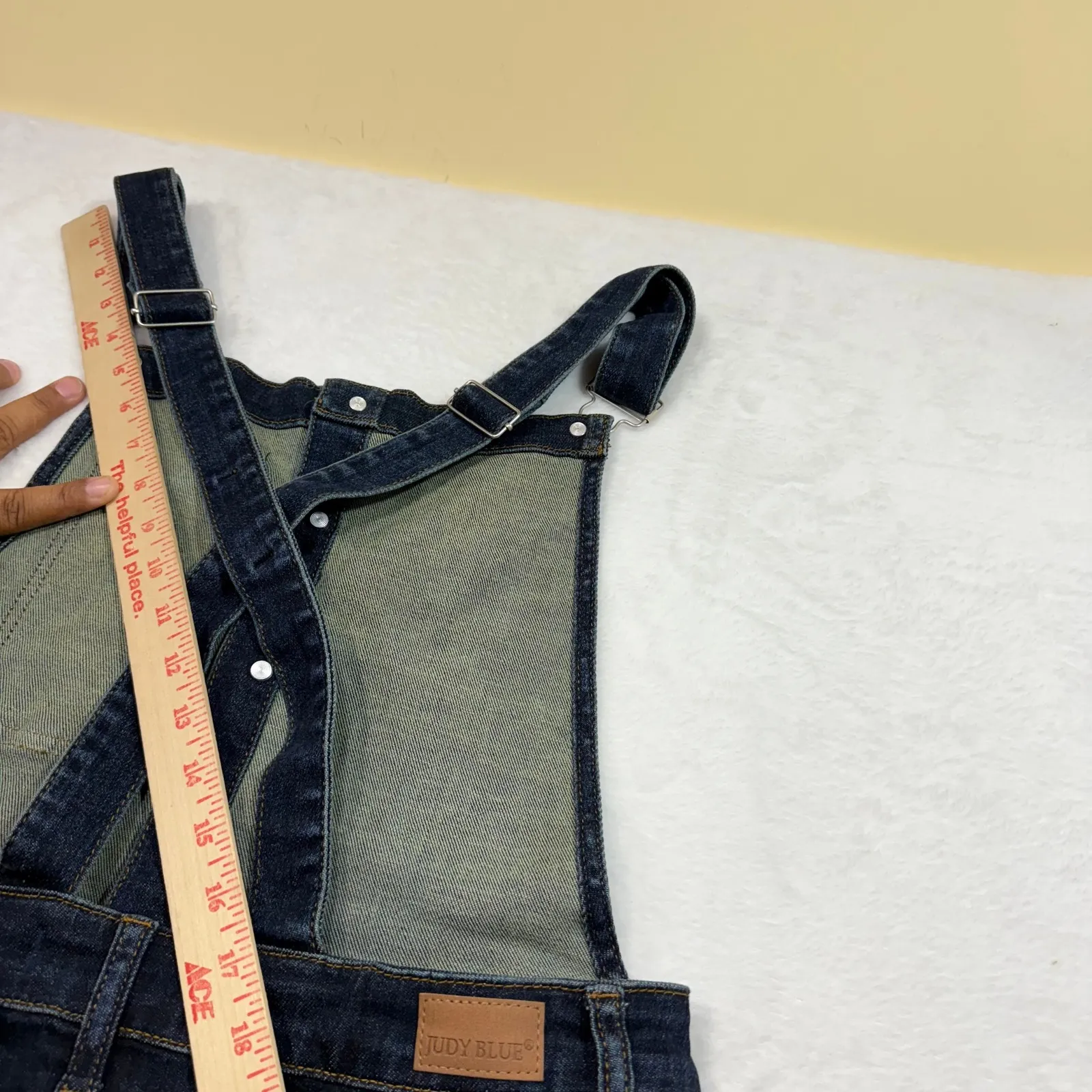 Judy Blue XL Dark Wash Denim Overall Mini Dress Buttoned Raw Hem Stretch‎ Cute - Image 13