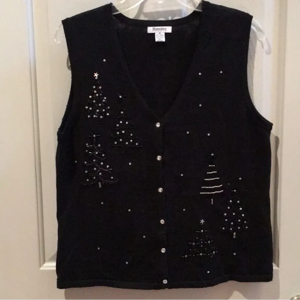 Hampshire Studio Women’s Size XL Vintage Christmas Trees Black Sweater Vest - Image 10