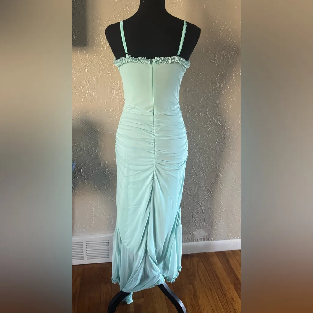 🫧Vivianixa Spaghetti Strap Mesh Dress with Ruffle Front Slit🫧 ~Medium NWOT Green - Image 7