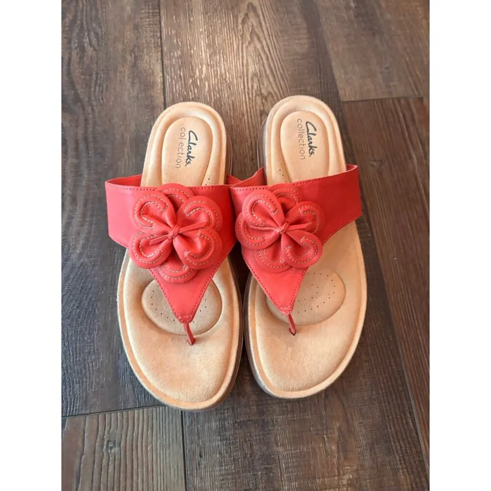 Clarks BRYNN Women's Bright Coral Leather Thong Sandals Sz 9 Slip On - Image 3