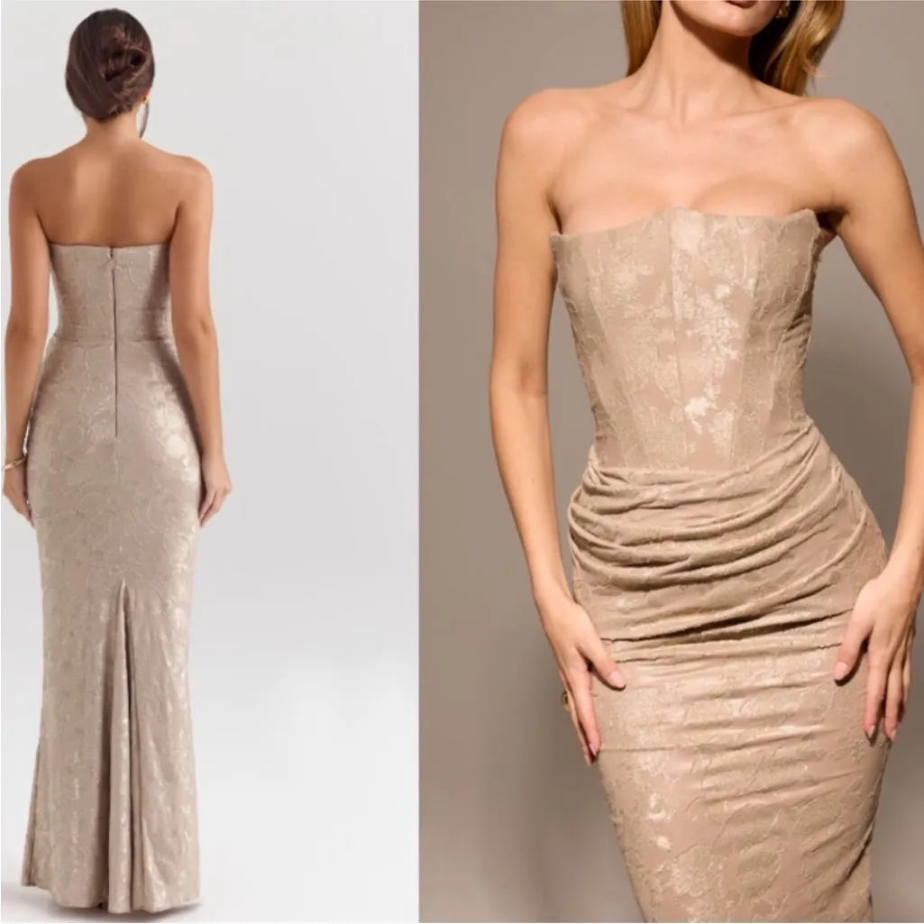 House of CB XL A-C‎ Persephone Pale Gold Chiffon Strapless Corset Maxi dress - Image 11