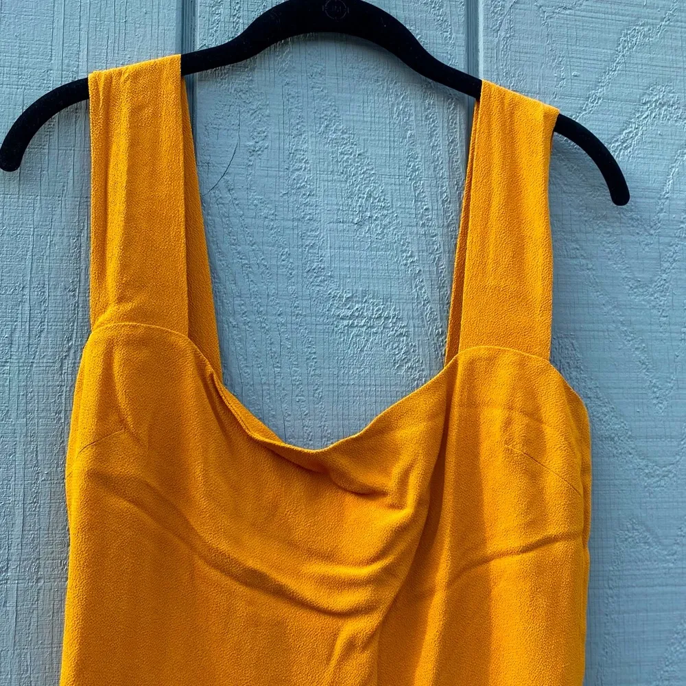 Mustard gold yellow midi dress by Reformation with wide straps and front slit - Image 6