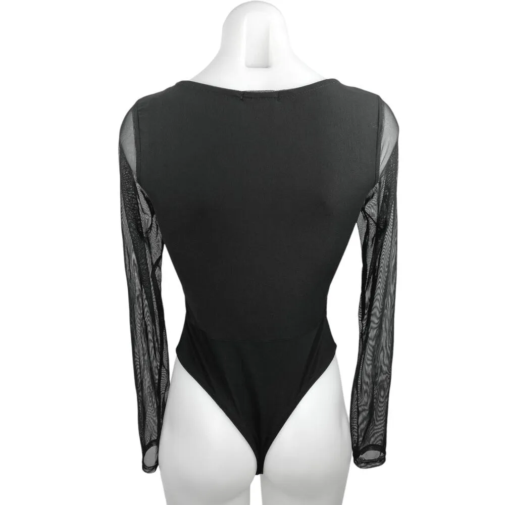 Nasty Gal Black Mesh Long Sleeve Ruched Square Neck Thong Bodysuit Top Size 4 - Image 5