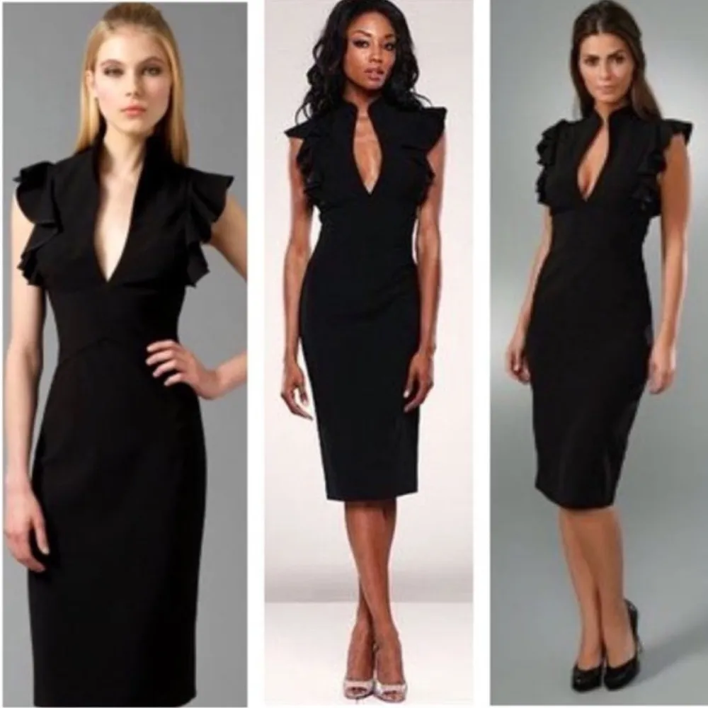 Black Halo Eva Ruffle Plunge Black Sheath Dress Size 4 - Image 11