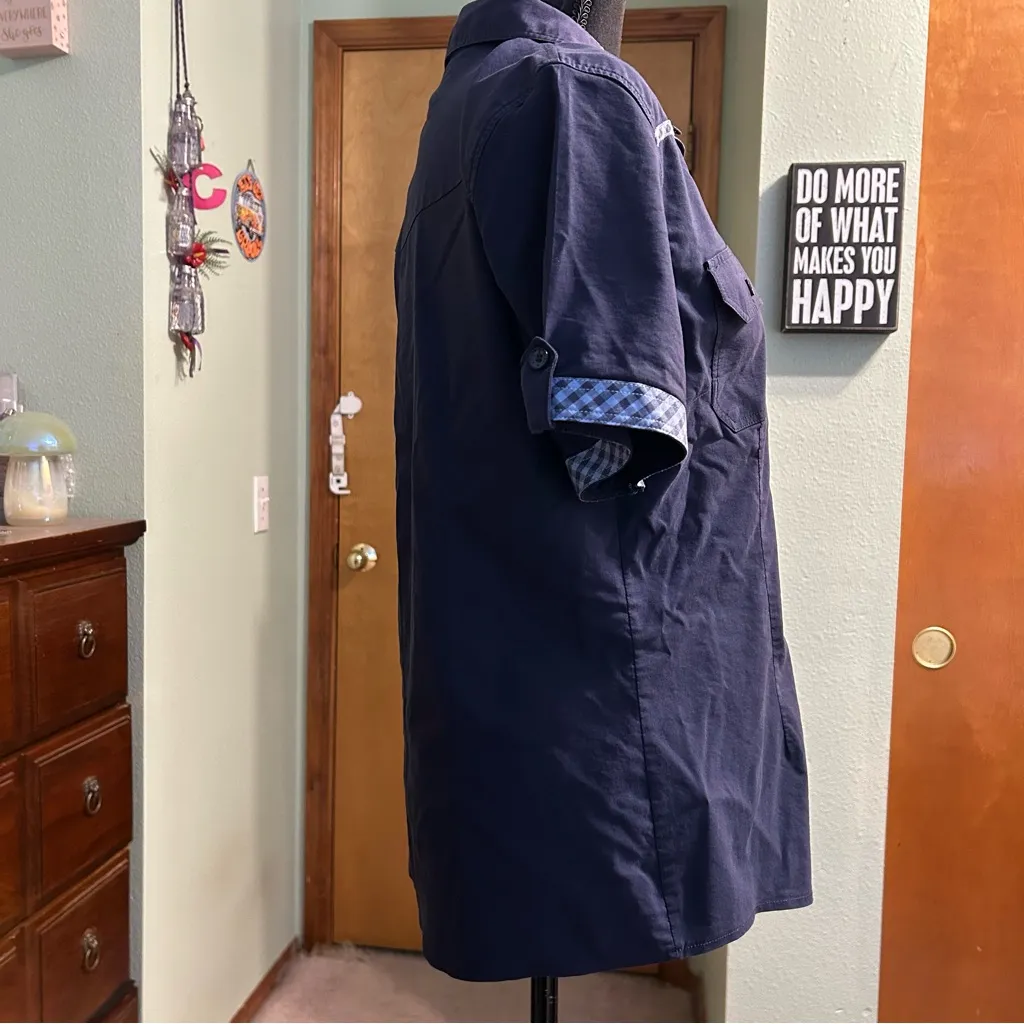 Elly navy blue short sleeve button down top blue gingham accents size 46 (L) Size L - Image 2