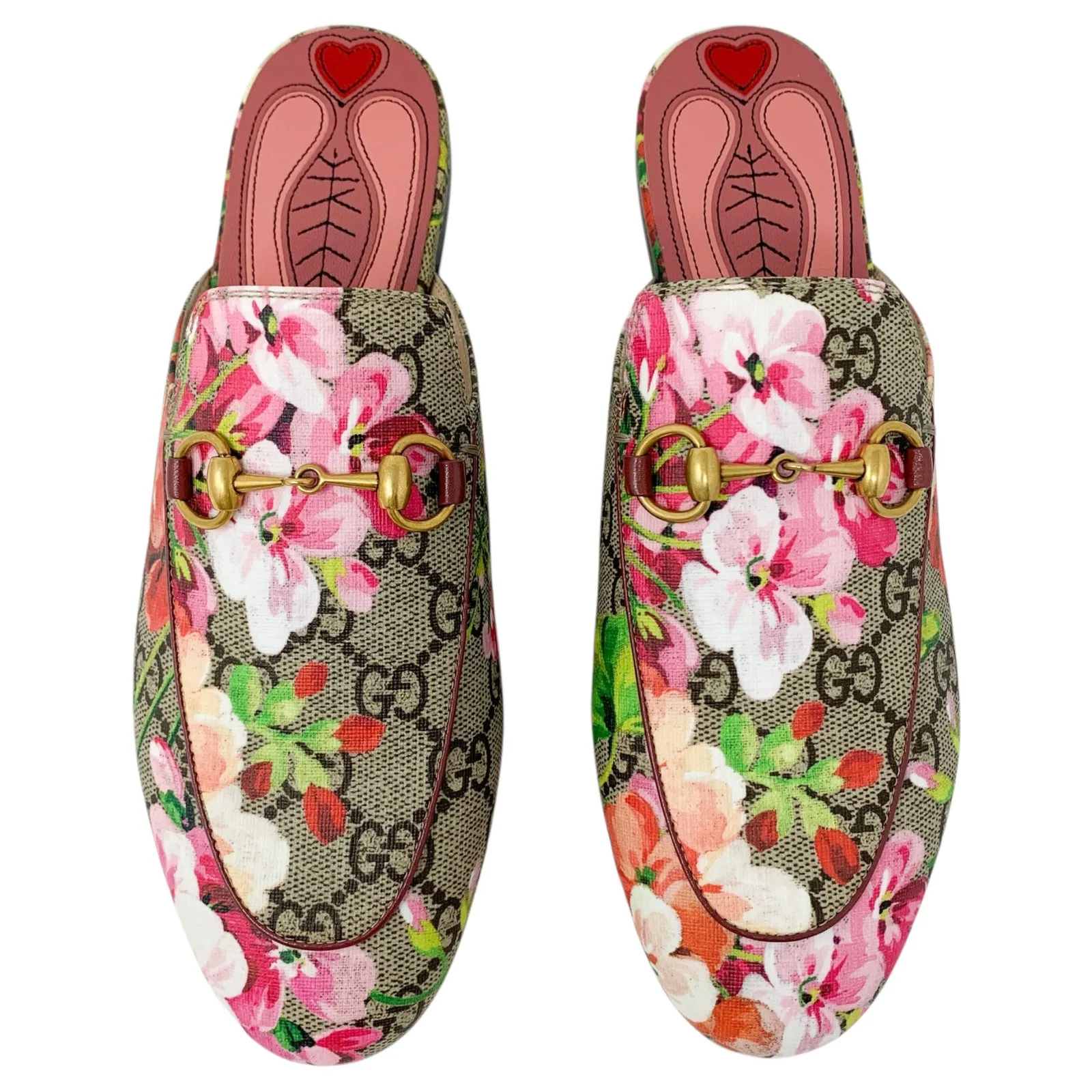 Gucci Princetown Pink Bloom Floral Print GG Monogram Canvas Loafers Mules Flats - Image 2