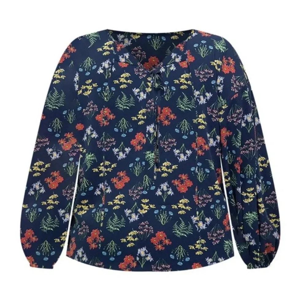 Eloquii  Elements Blue Floral Long Balloon‎ Sleeve Blouse - Image 2