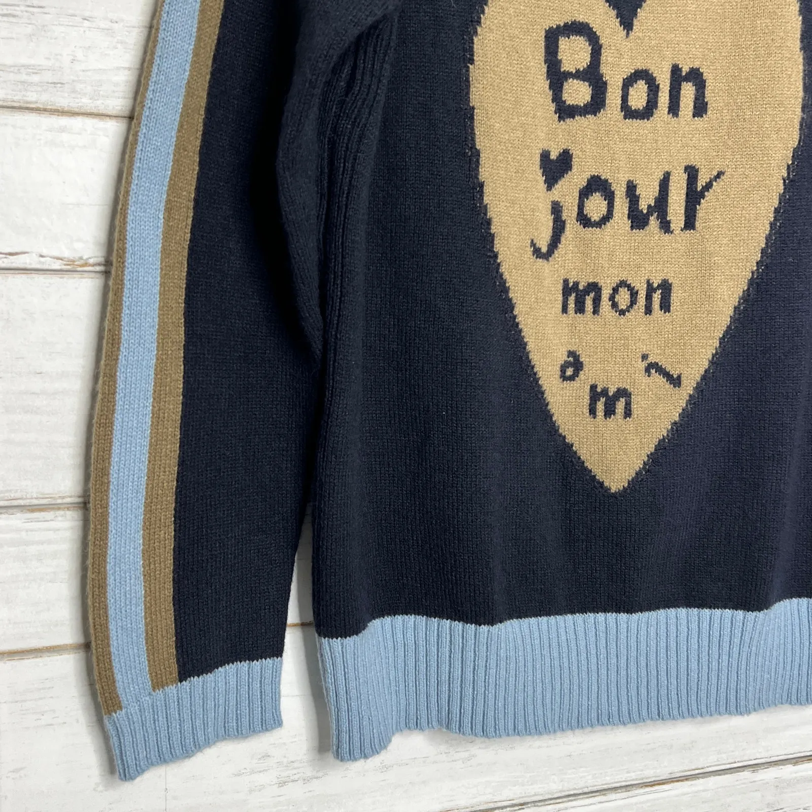 Easel Bon Jour Mon Ami Heart Sweater Small Navy Blue Knit Pullover - Image 10