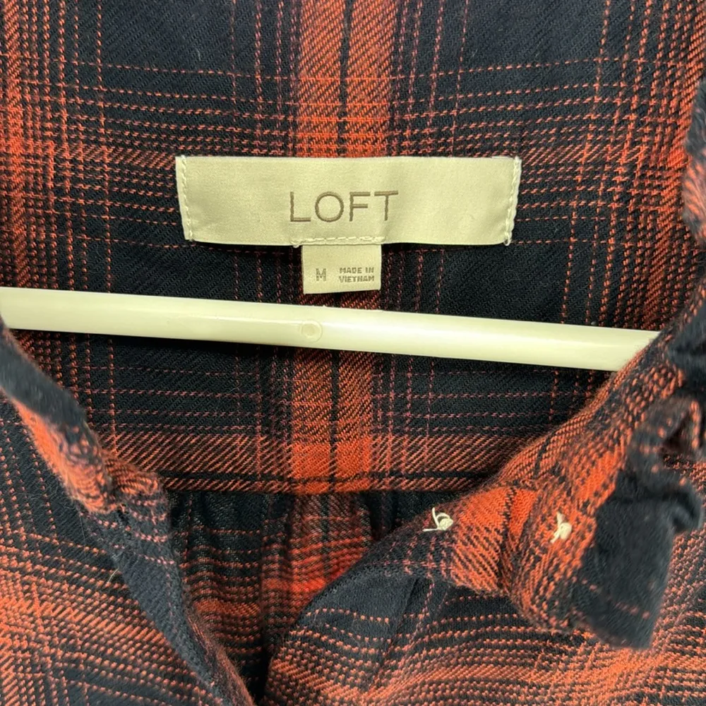 LOFT plaid flannel drop waist Orange navy Mini shirt Dress M casual fall office - Image 10