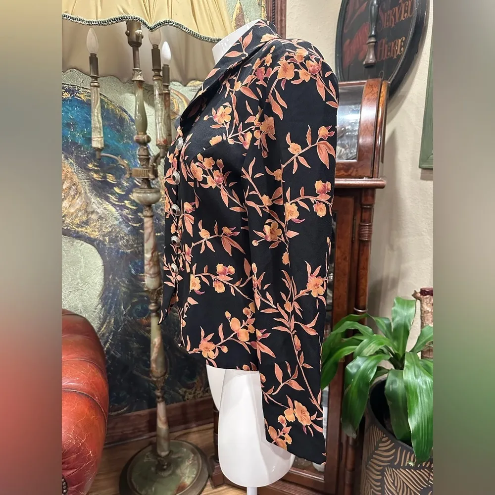 Euc Leslie Fay Floral Button Up Shirt/ blazer Black Orange Yellow Collared Top - Image 3