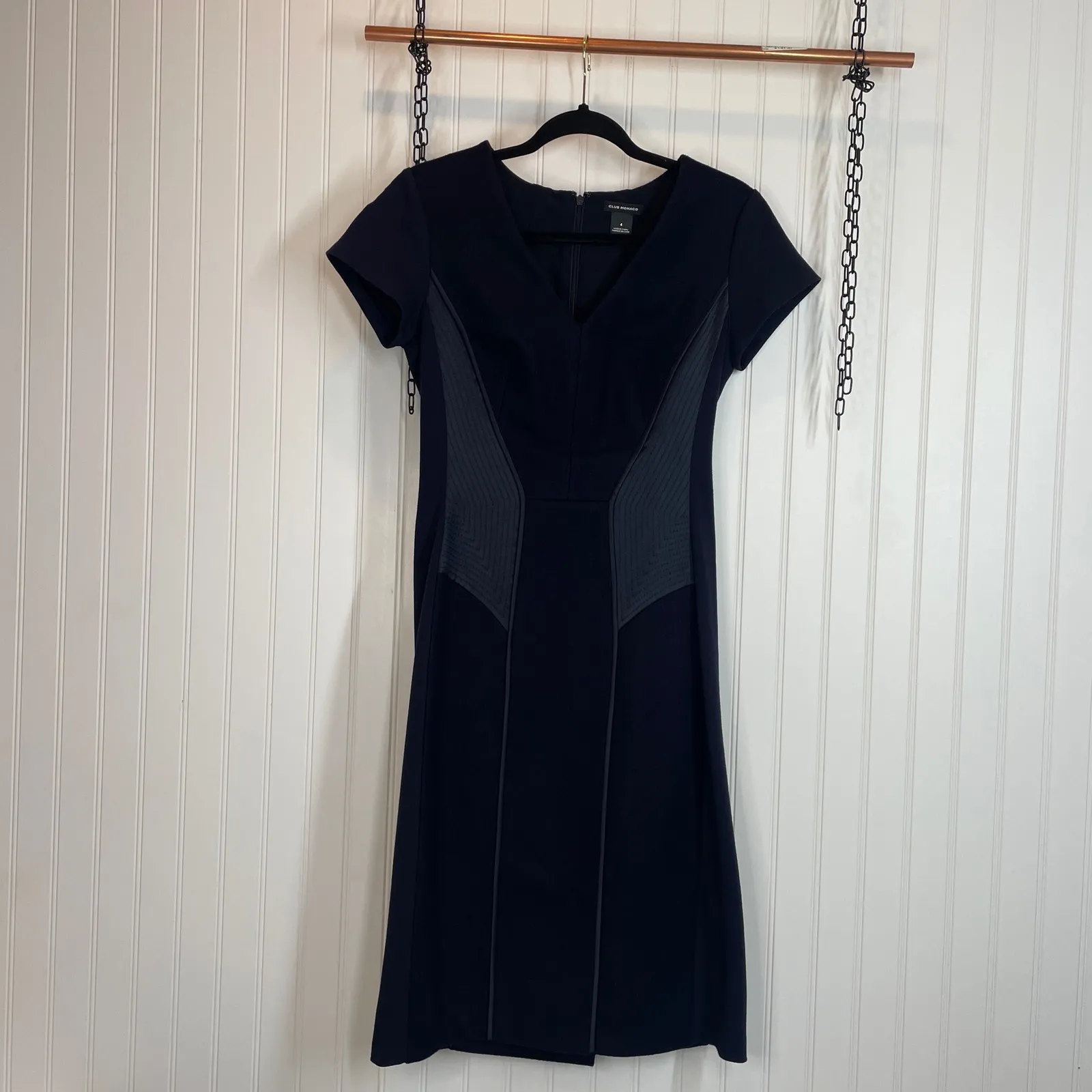Club Monaco Kiona Wool Blend Pencil Navy Blue V-Neck Dress Size 4 Corporate - Image 2