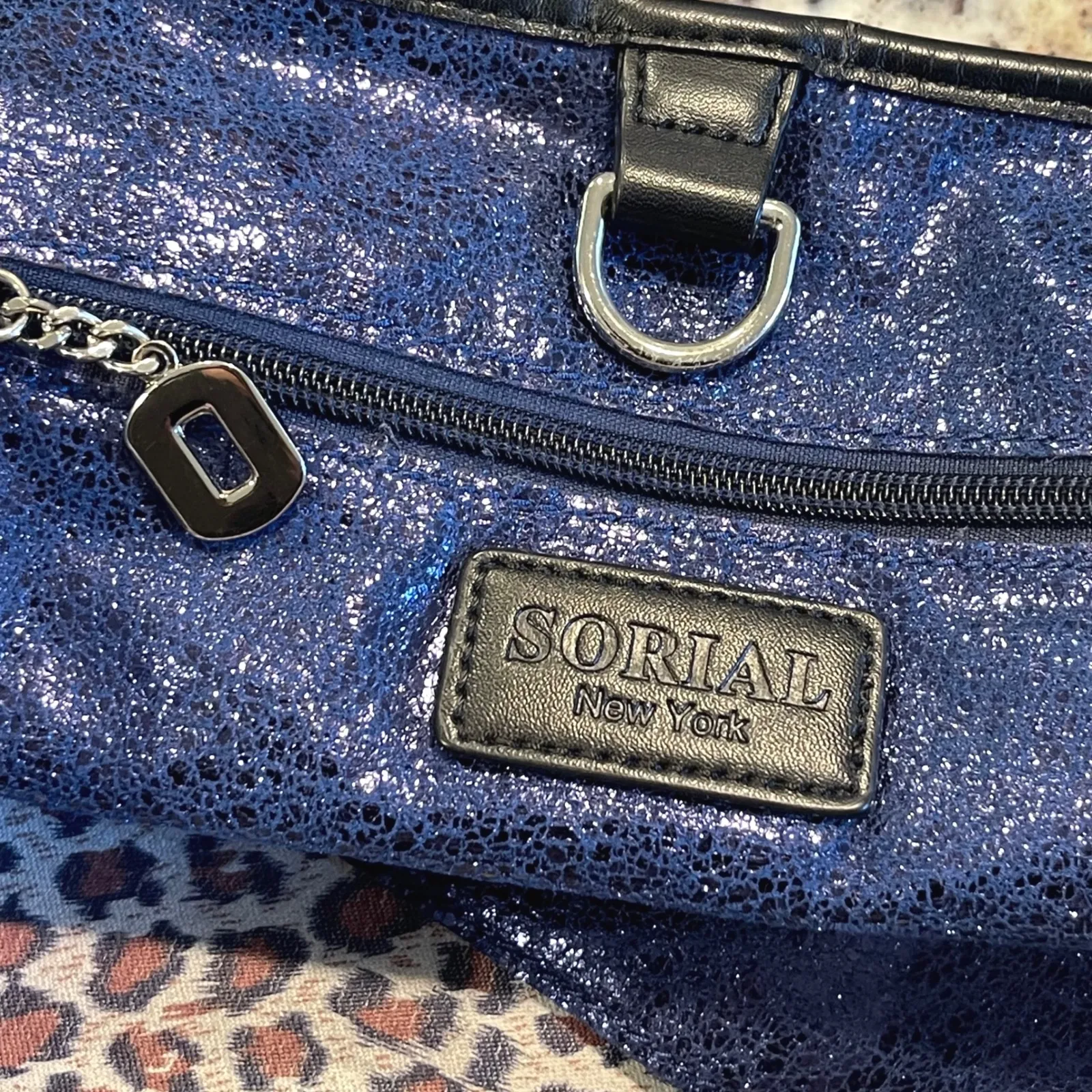 SORIAL New York‎ Purple Metallic Tote Bag Leopard Print Interior Travel Shopper Black - Image 5