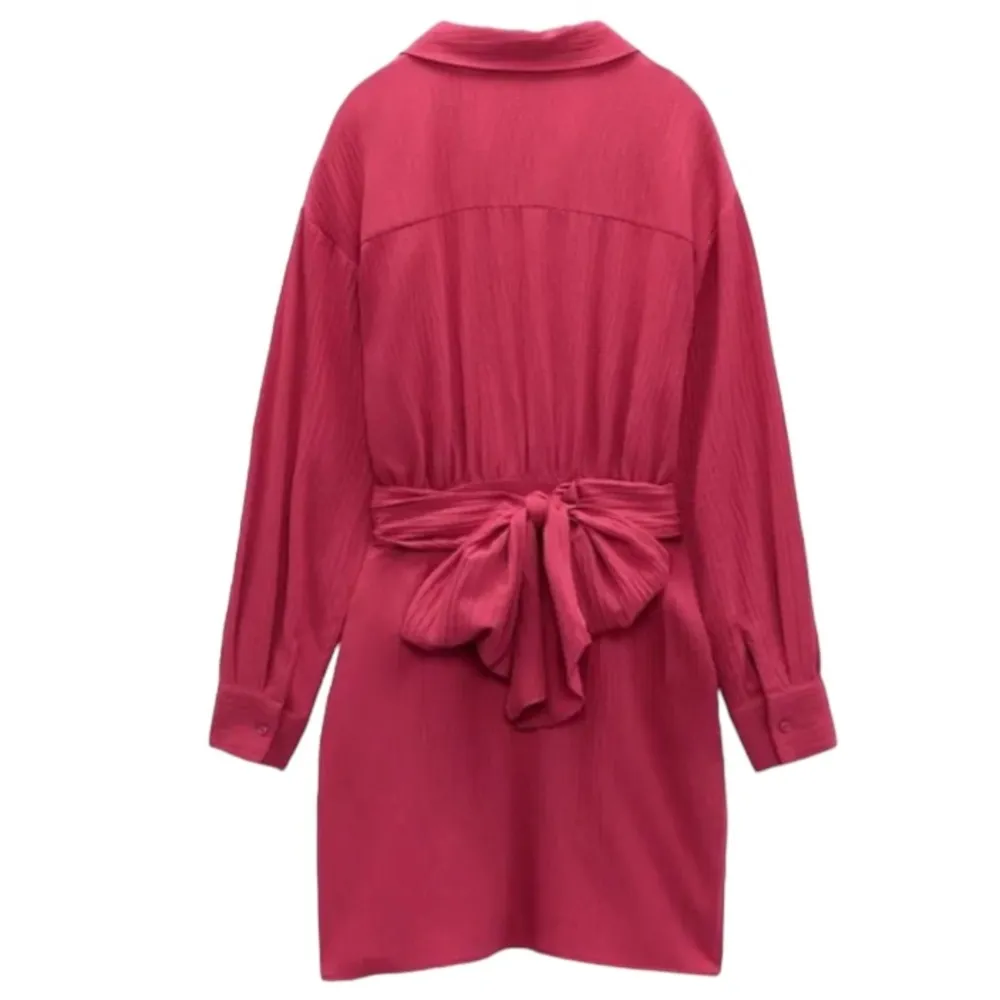 Zara Belted Wrap Long Sleeve Gauzy Mini Dress in Fuchsia Pink - Image 6