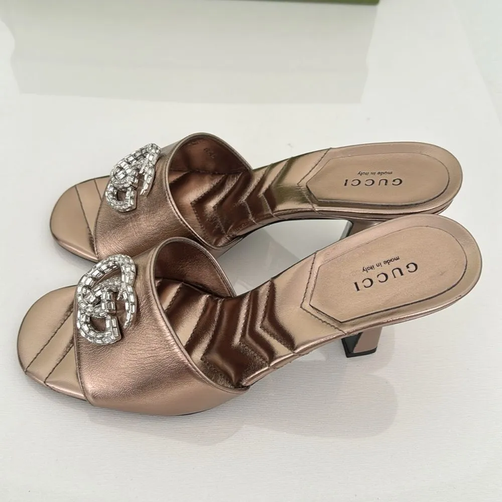 Gucci Marmont EU 37 US 7 Crystal GG Rose Gold Sandals Heels Metallic Nappa New - Image 7