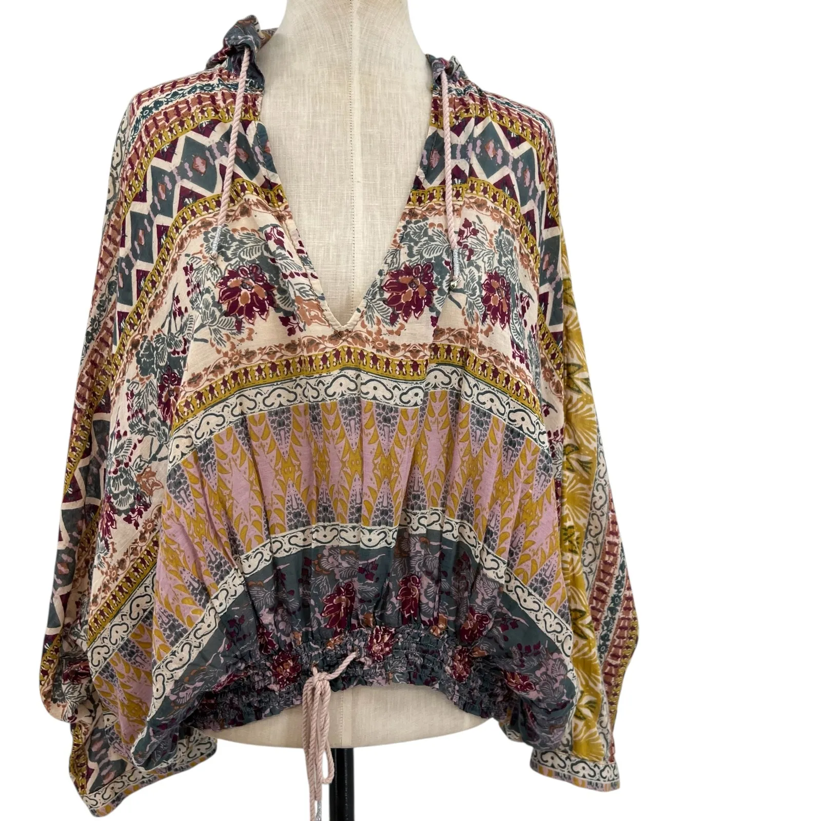 Free People Hold On Tight Gauze Pullover Top Hooded Floral Paisley XS Small‎ - Image 5