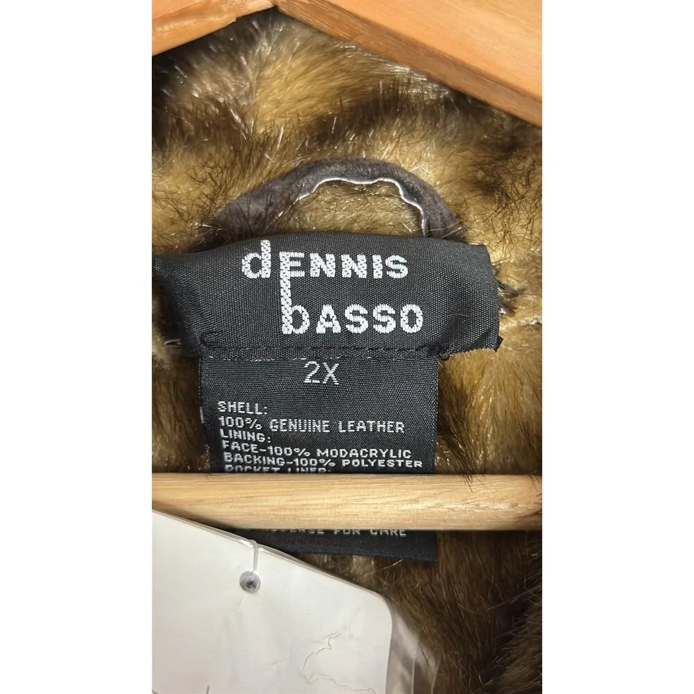Dennis Basso Coat Womens 2X Brown Leather Faux Fur Trim Hooded Button Long - Image 8