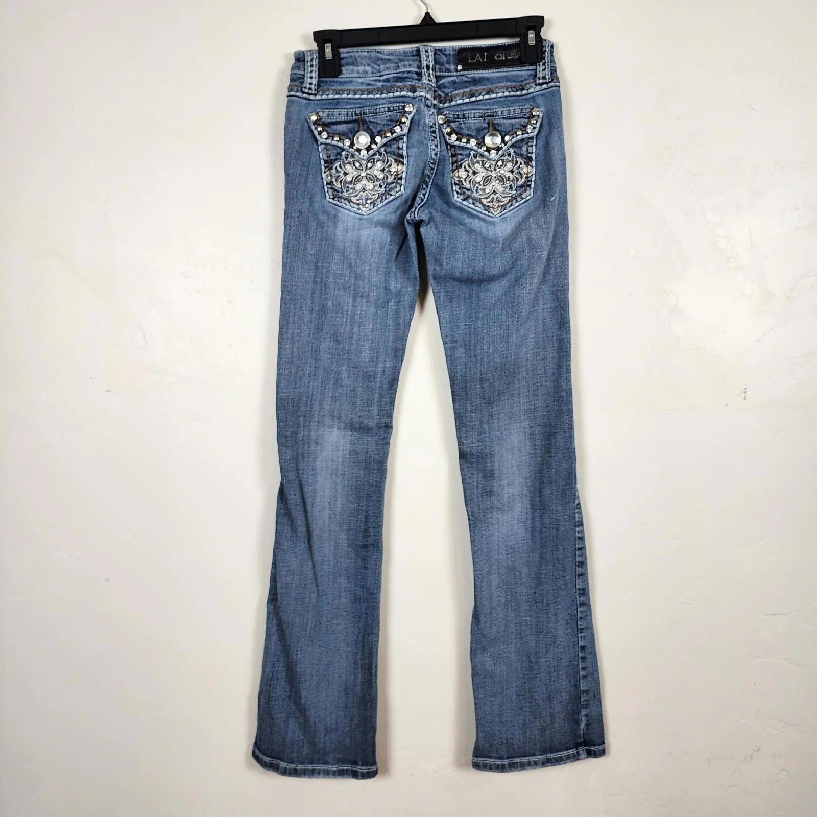 Y2K LA Idol USA Jeans Women's 1 Bootcut Embellished Rhinestone Pockets Denim Blue Size 27 - Image 2