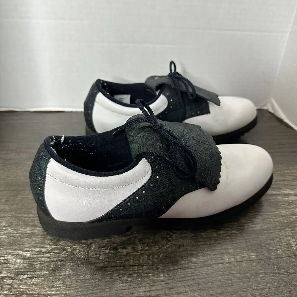 Women's Vintage Footjoy FJ Size 8 Kiltie Spiked‎ Golf Shoes White And Plaid - Image 3