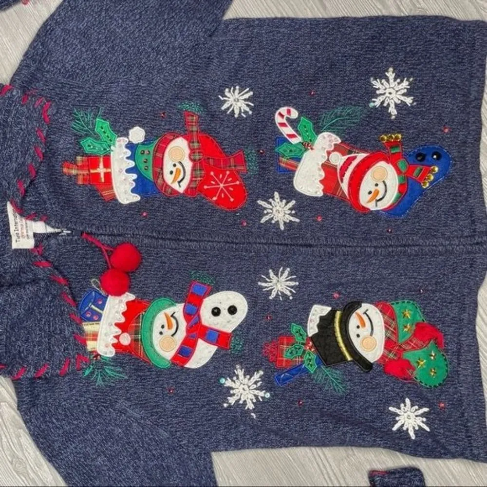 Vintage tiara international snowman Christmas sweater cardigan beaded zip up siz - Image 4