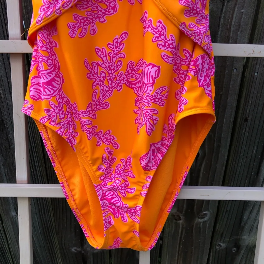 Ellen Tracy Women's Coral print pink & orange Halter One Piece Swimsuit size 10 - Image 3