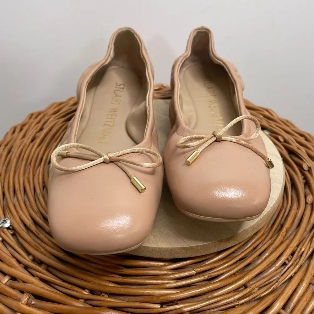 Stuart Weitzman  Bardot Leather‎ Ballet Flats Square Toe Bow Tan Nude Neutral 7 - Image 4