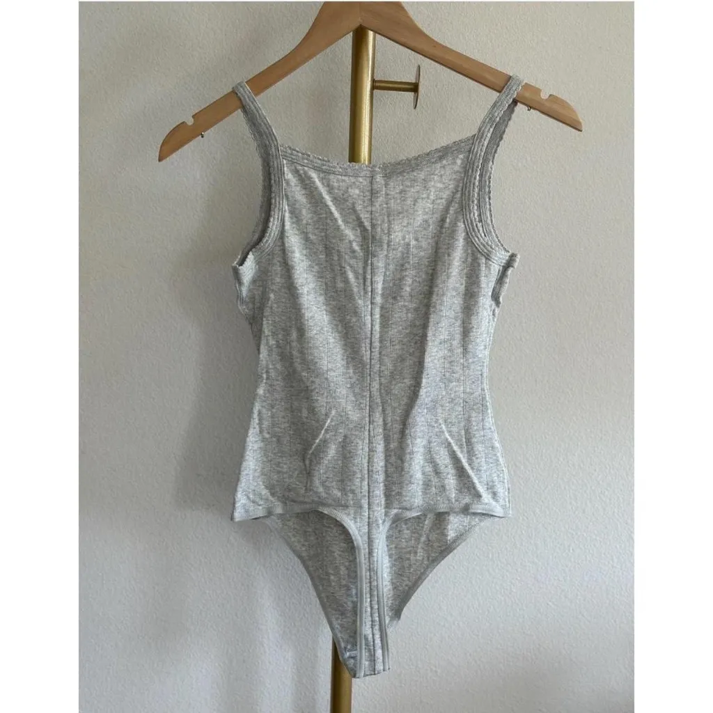 Skims Drop Needle Pointelle Cami Bodysuit in Light Heather Grey, Size Small - Image 8