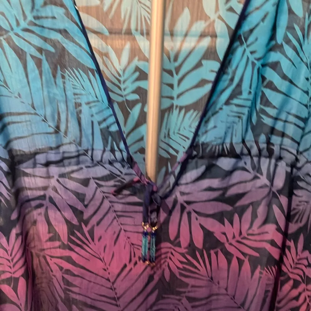 Blue and Purple Leaf Print beach cover up Kaftan tie front has seed beads - Image 2