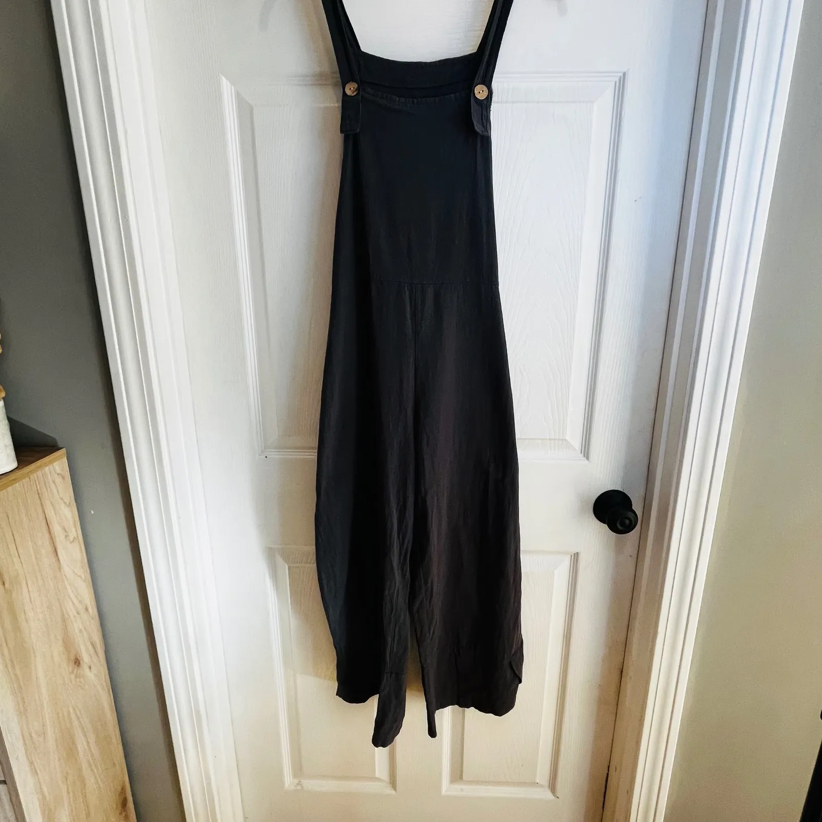 Womens Gray Linen Blend Wide Leg Cropped Jumpsuit Overalls Boho Casual Size S - Image 2