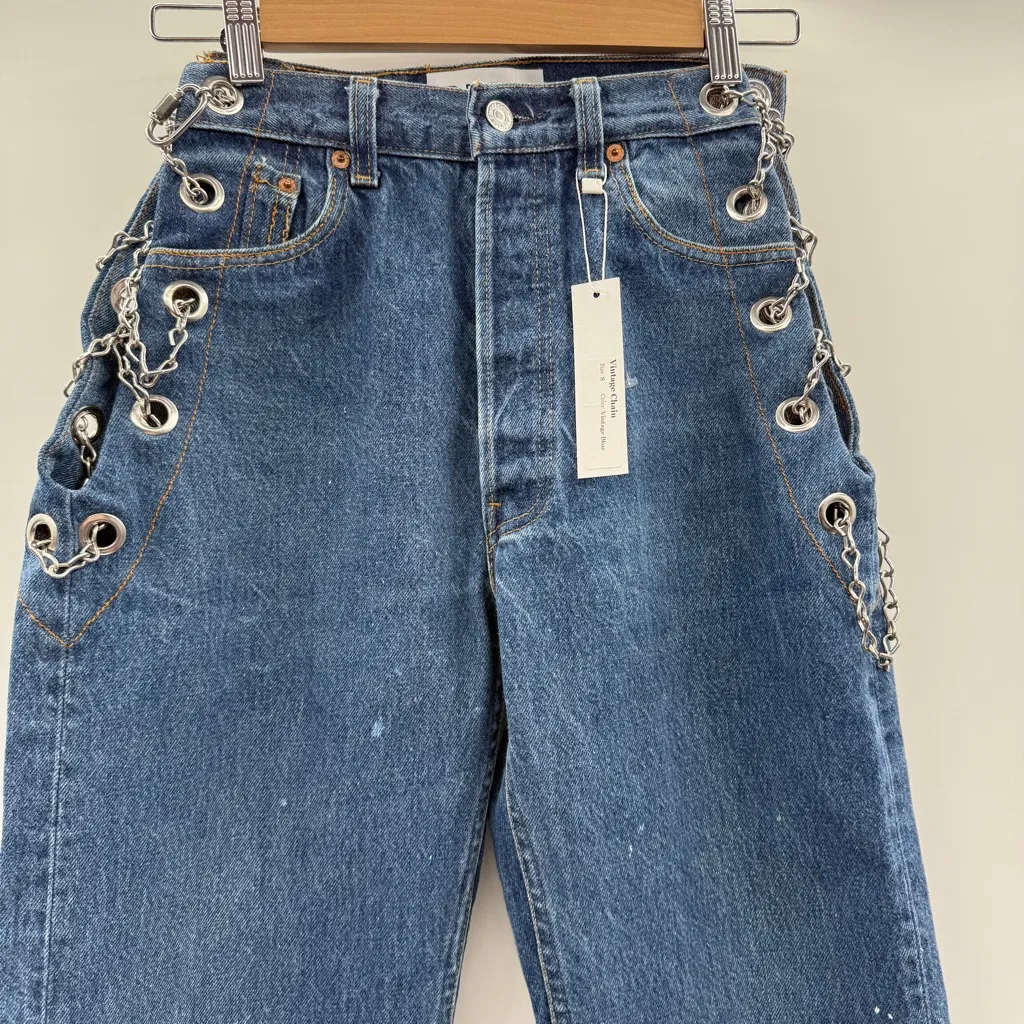 EB Denim Vintage‎ Chain Reworked Levi's High Rise Straight Leg Jeans Sz S NEW Blue - Image 2