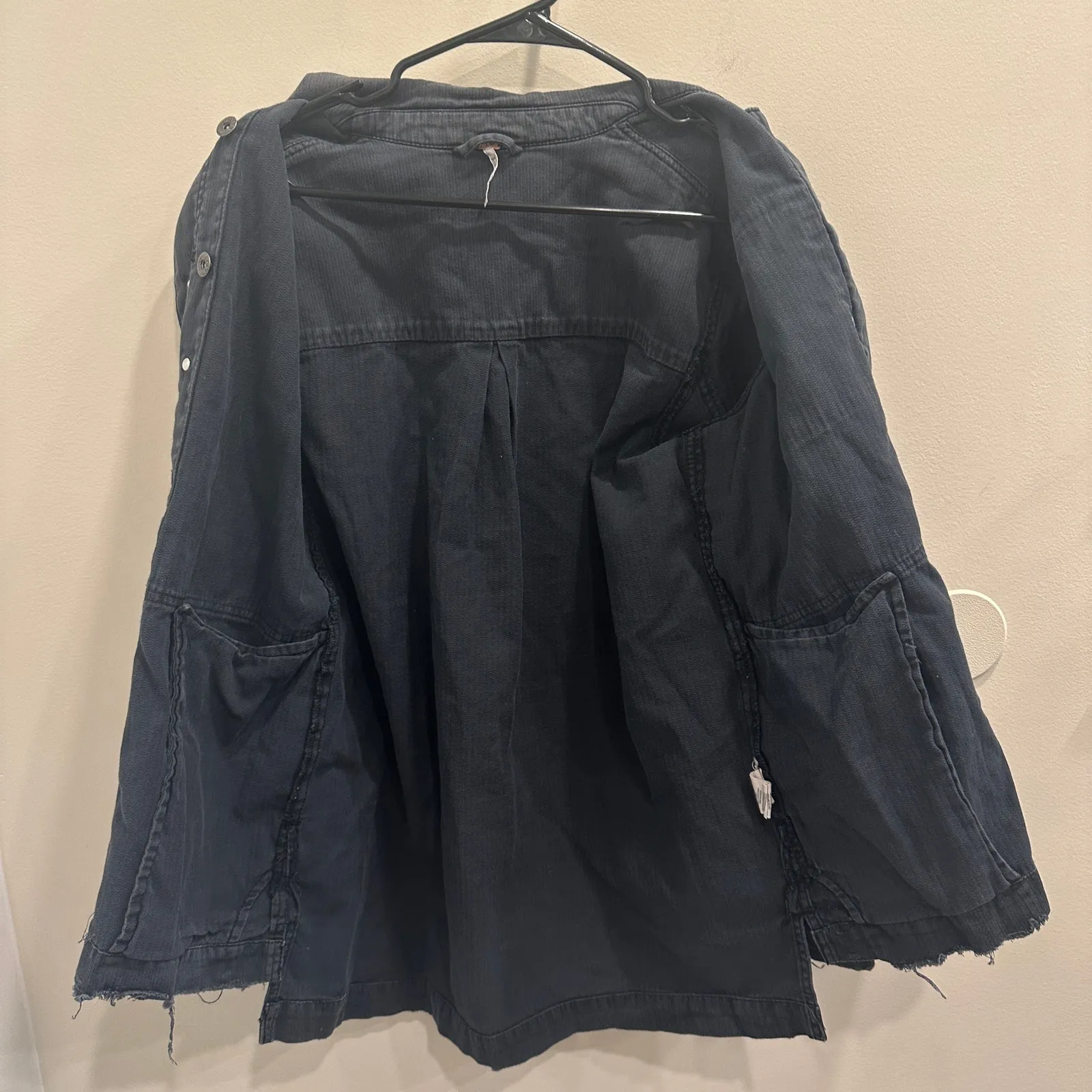 Free People Embellished Military Shirt Jacket Gray Distressed Beaded Patchwork - Image 3