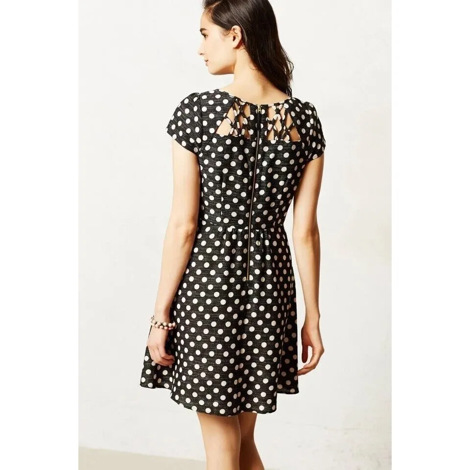 Anthropologie‎ Maeve Nikola Lattice Dress Black Polka Dot Size 0 with Pockets - Image 2