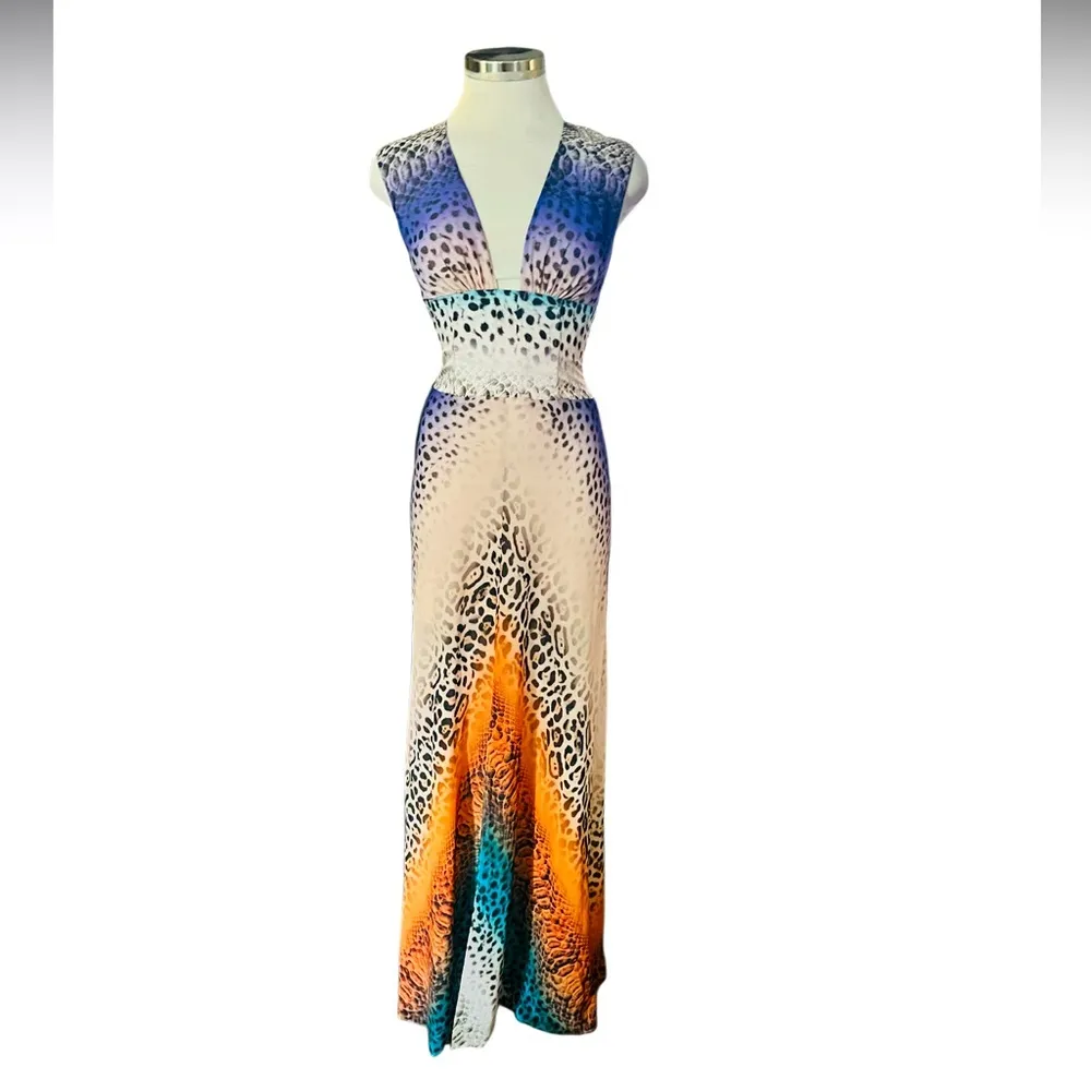 MARCIANO Vintage Color Block Animal Print V Neck Maxi Dress Size 0 - Image 2
