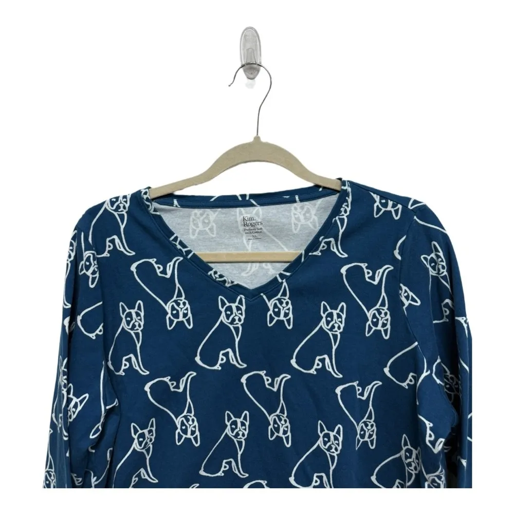 Kim Rogers Dog Frenchie 3/4 Sleeve 100% Cotton Blue Shirt Dog Lover Preppy XL - Image 2