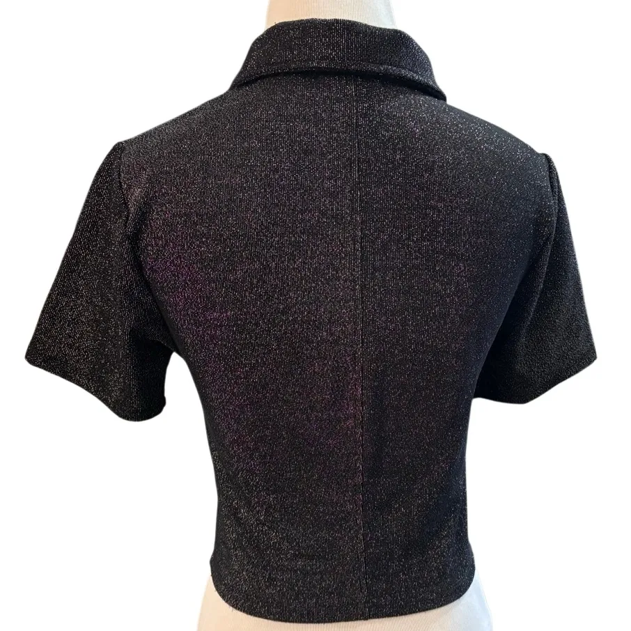 Current Mood Metallic Glitter Half Zip Crop Top Black Size M - Image 3