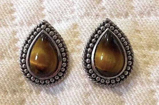 Sterling Silver Tigers Eye Teardrop Earrings With Rope and Granulated Design - Image 1