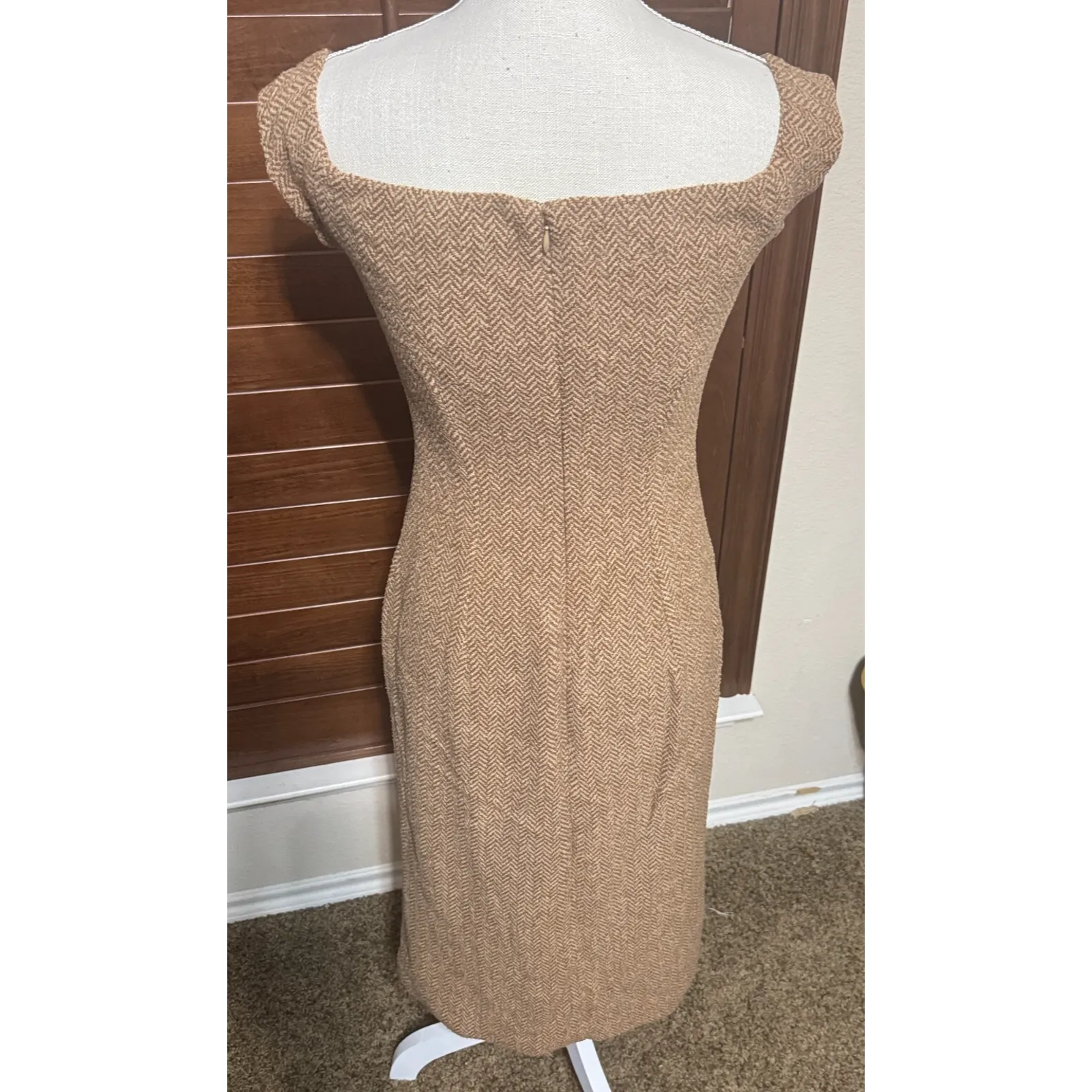 Ralph Lauren Black Label Wool Sheath Dress Beige Herringbone Tweed Midi Sz 2 USA - Image 6
