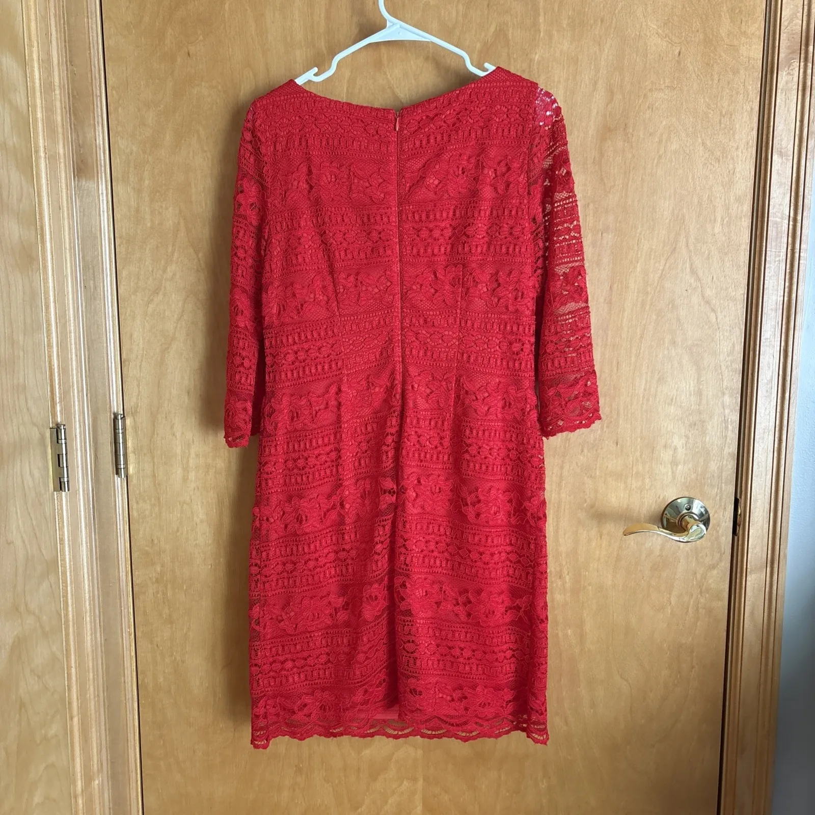 ELIZA J 3/4 LENGTH‎ SLEEVE LACE SHEATH TOMATO COLOR DRESS sz 8 - Image 8