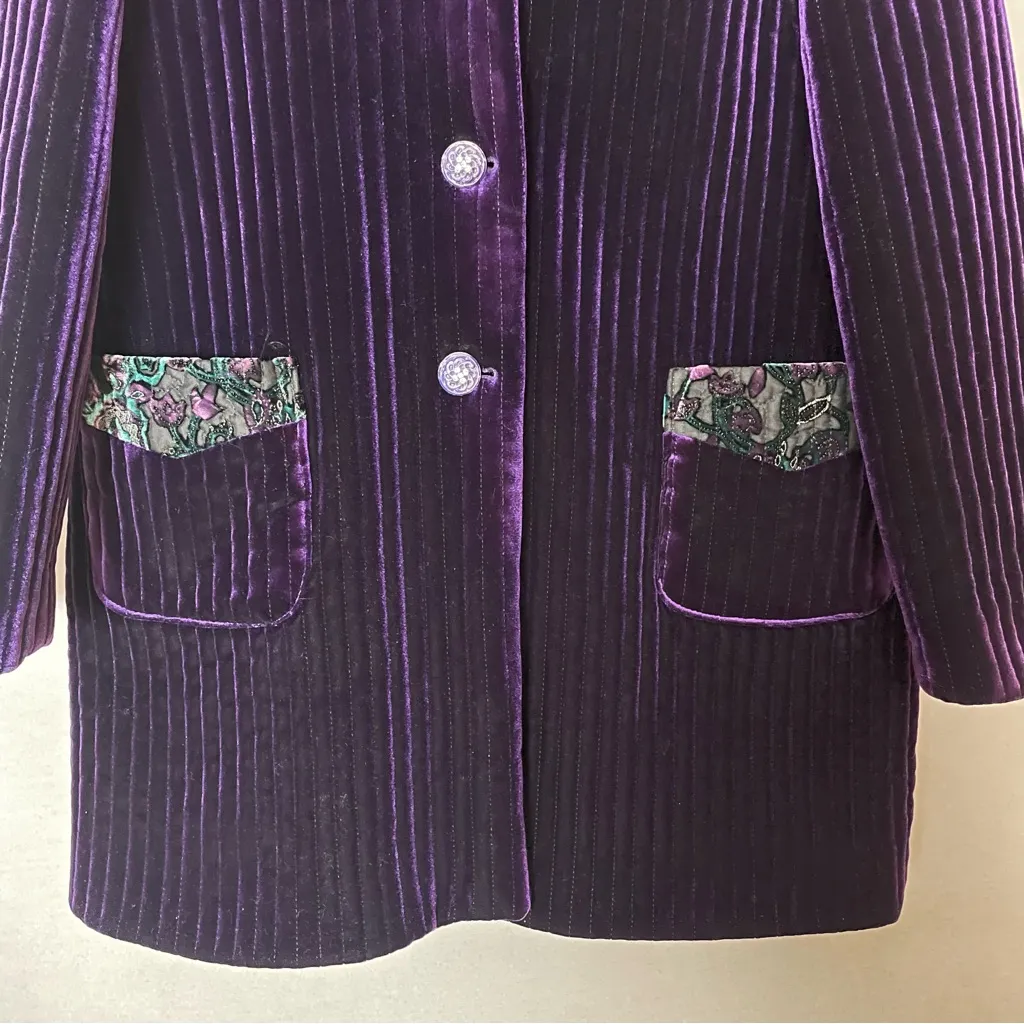 Velvet Jacket Women Detailed Trim Rounded Collar Pockets‎ Quilted Royal Purple - Image 4