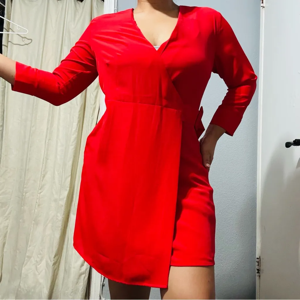 Topshop Women Vibrant Red Long Sleeve V-Neck Cocktail Wrap Dress Size 6 - Image 3