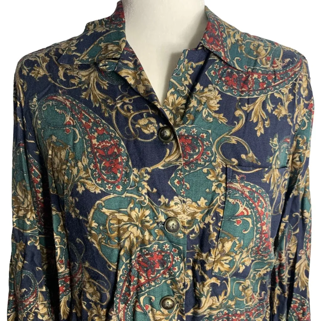 Vintage 90s Button Down Paisley Shirt S Navy Blue Collared Pocket Long Sleeves - Image 2