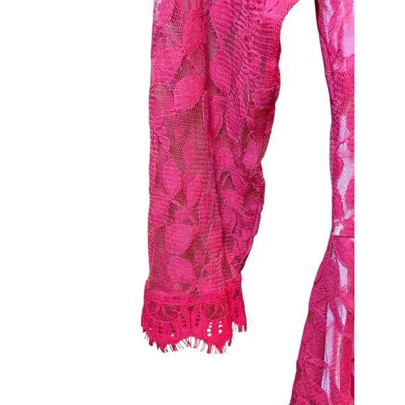 Free‎ People FP Women 2 Floral Mesh Lace Mini Dress Red Lace Overlay 3/4 Sleeves - Image 10