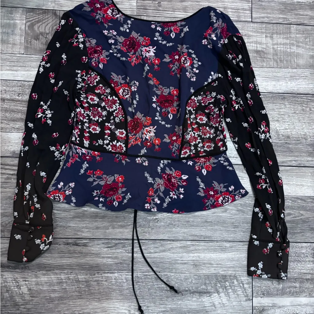 Free People “Way The World Turns” Floral Blouse Navy Blue Size Small - Image 8