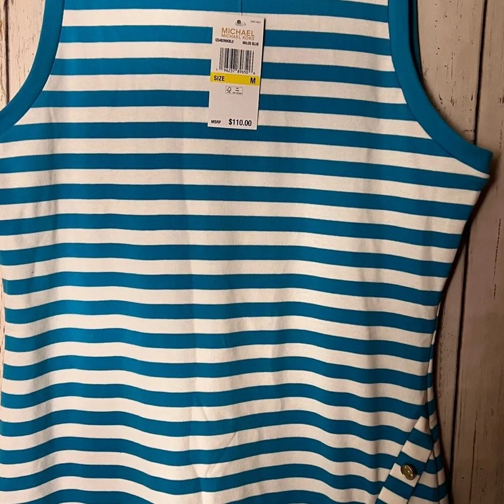 Michael Kors Women's Short Sleeve Blue & White Stripe Dress with Gold Buttons M - Image 11