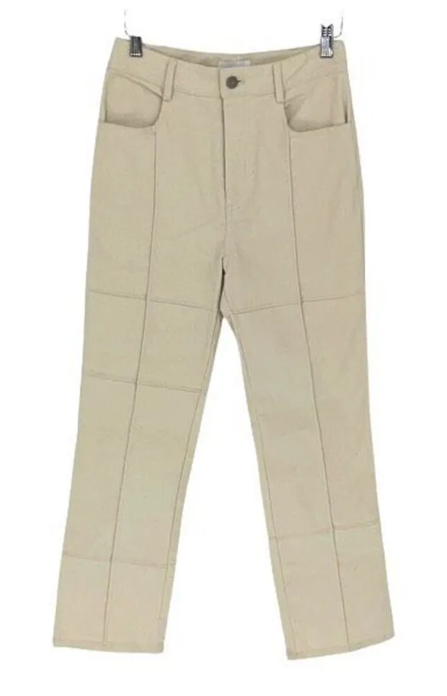 Isalis High Rise Cotton Twill Khaki Pants Block Stitching Pockets Ivory Size Sma - Image 1
