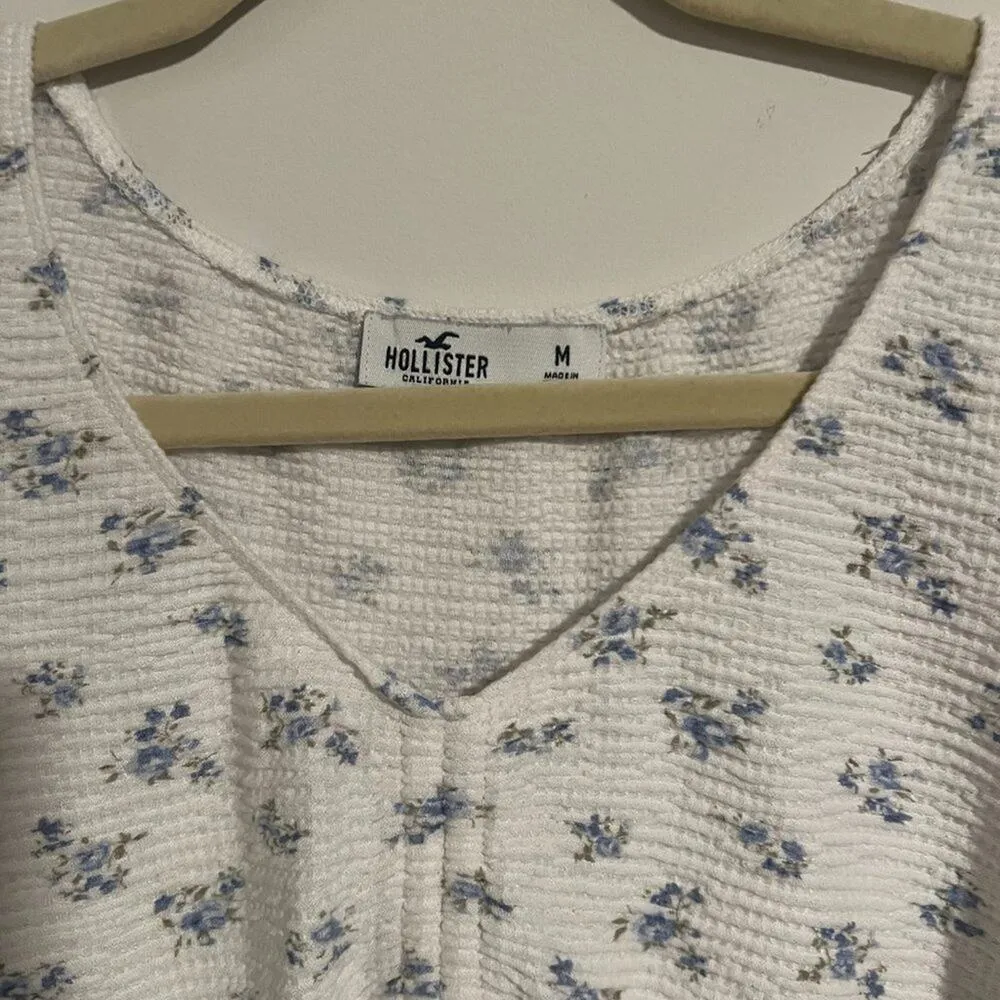 Hollister Top Women M Blue Floral Cinched Cropped Y2K Ruffle Girly Long Sleeve - Image 5