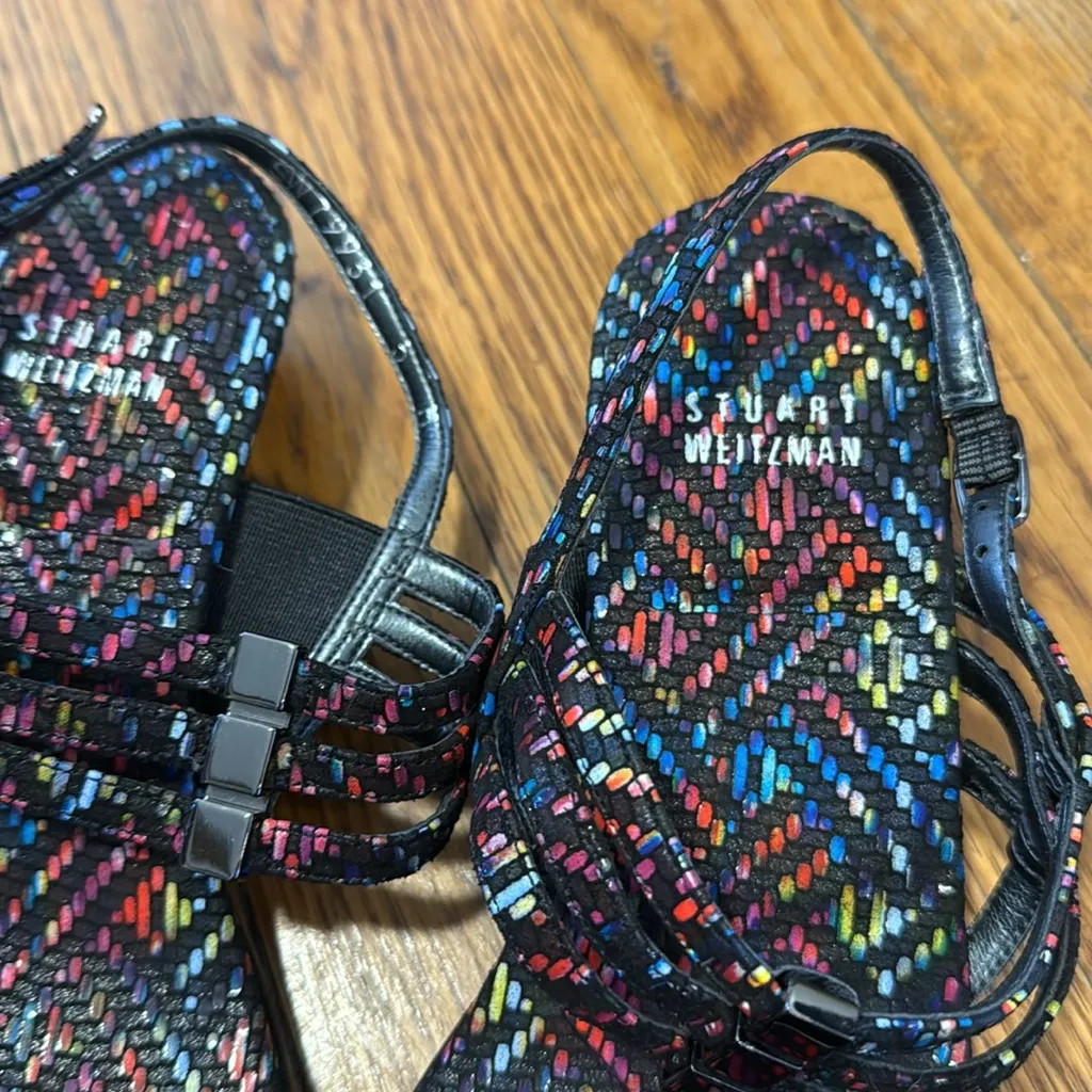 Stuart Weitzman black multicolor suede mini wedge sandals strap 5 - Image 4