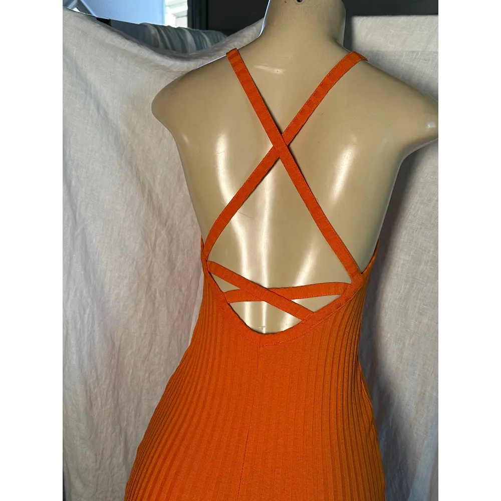 Zara Bodycon Dress Crisscross Back Ribbed Knit Sleeveless Orange S - Image 2