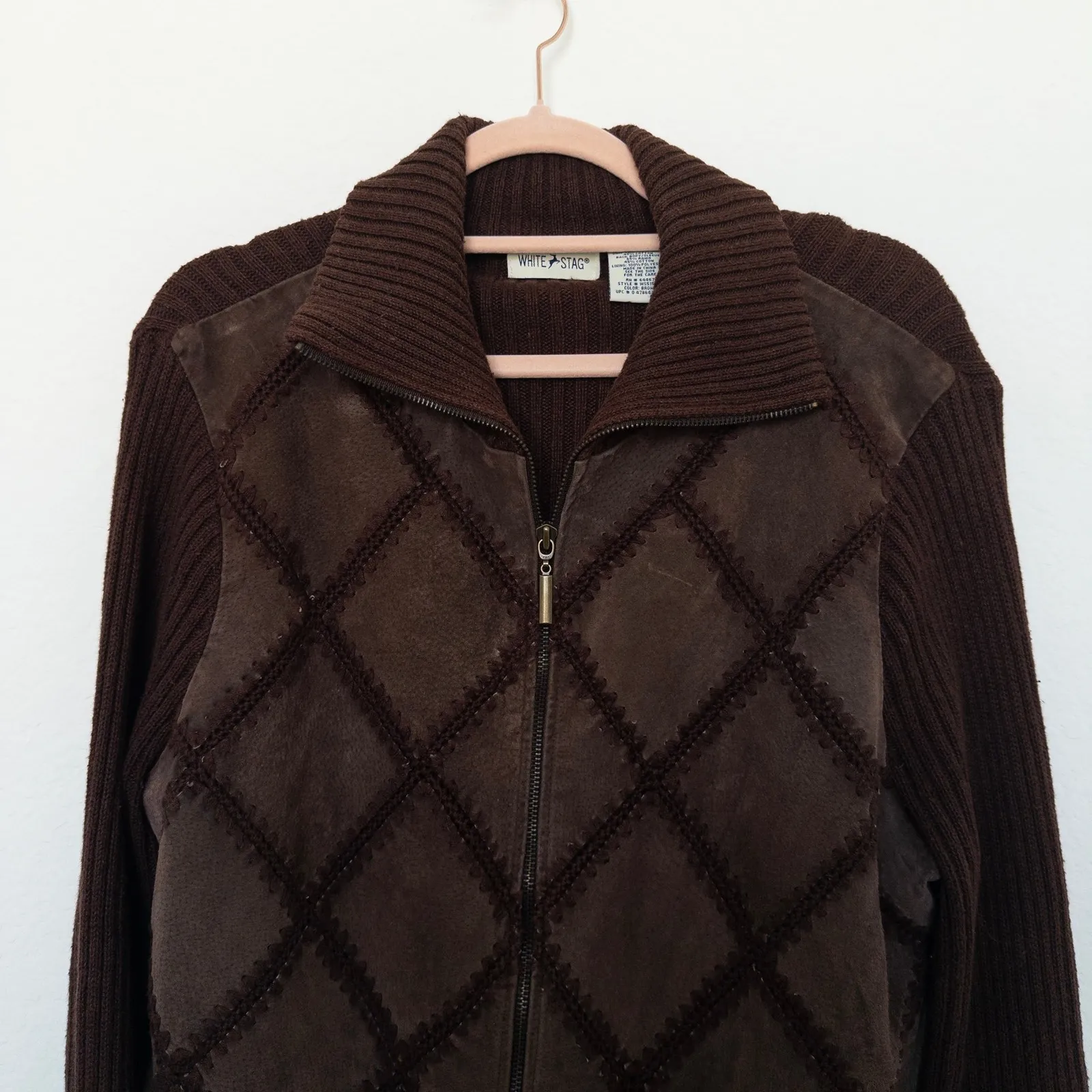 VTG White Stag Womens Jacket Size L Brown Suede Argyle Zip Front Long Sleeve Y2K - Image 3