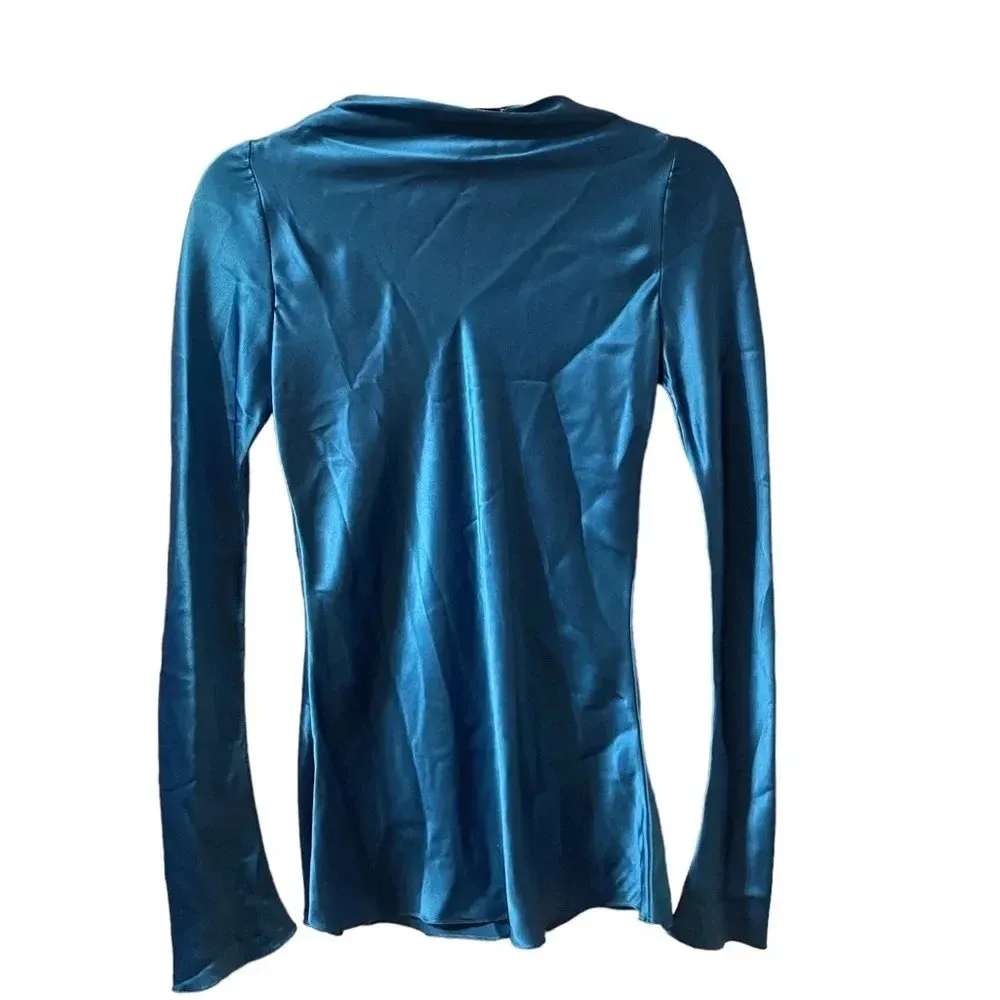YVES SAINT LAURENT BLUE SILK DRAPE NECK BLOUSE - Image 2